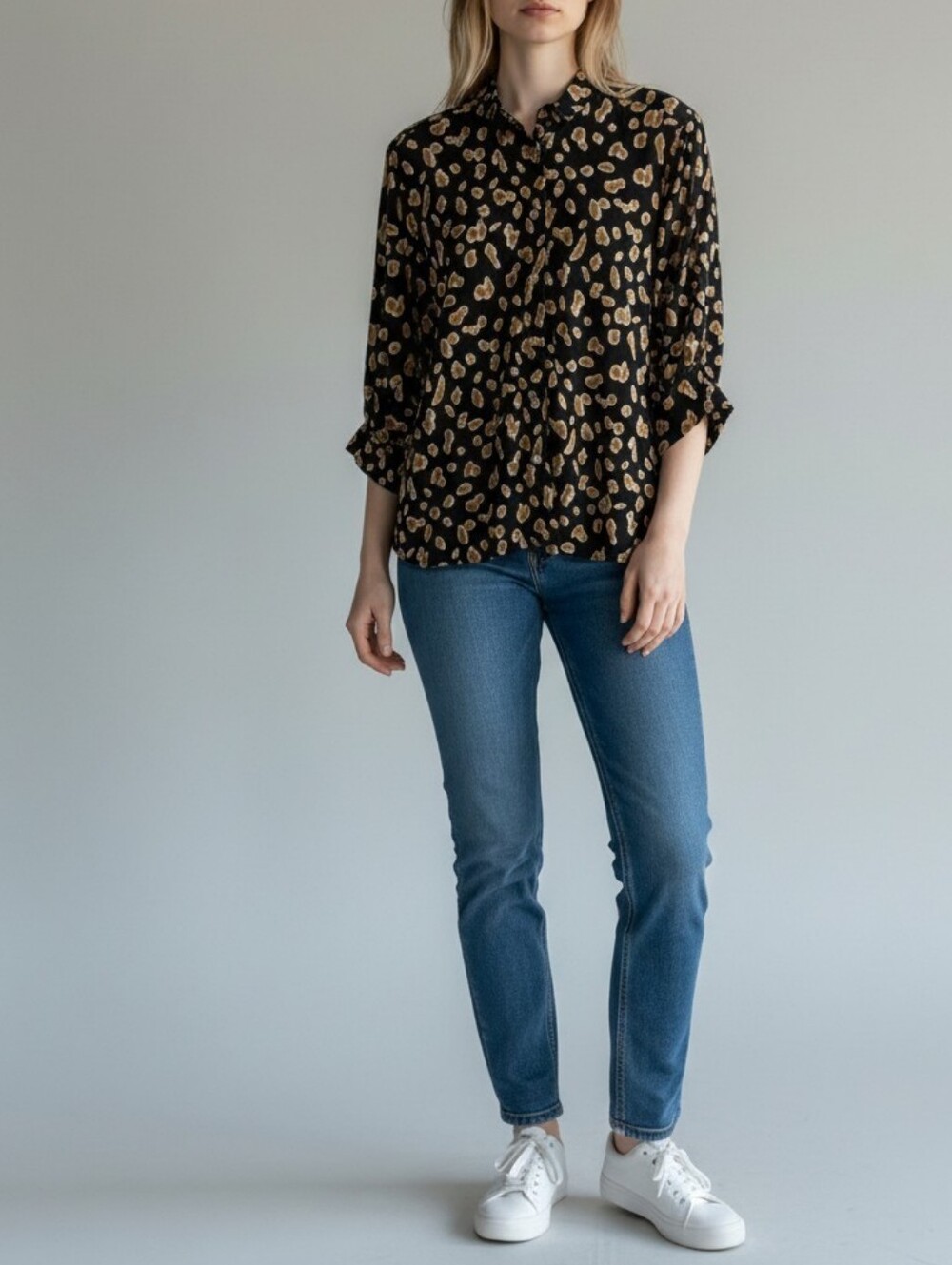 NWT S.A. Rose Printed Button-Front Blouse Womens XL Blue Brown Artsy Boho Retro